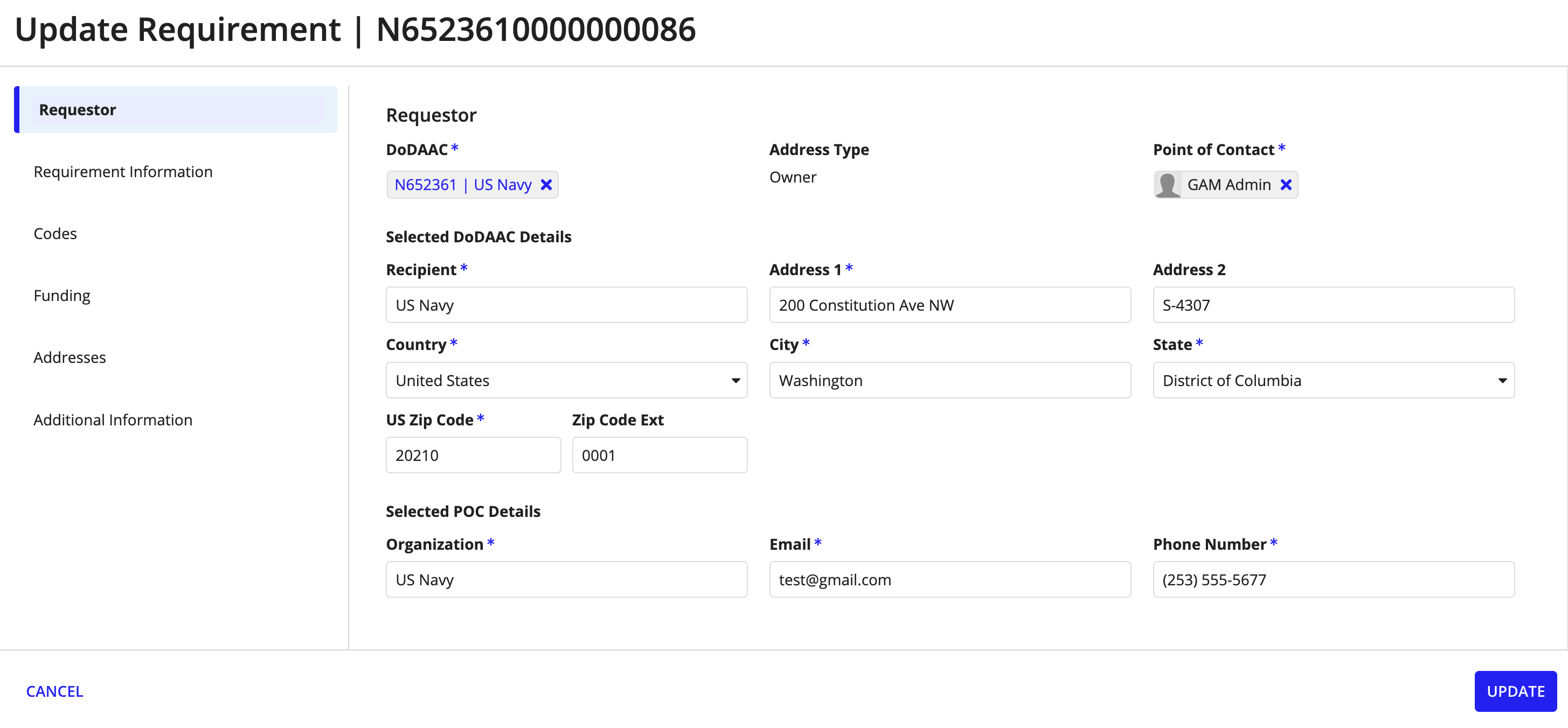 Update Requirement form, Requestor tab showing DoDAAC, address, and contact details.