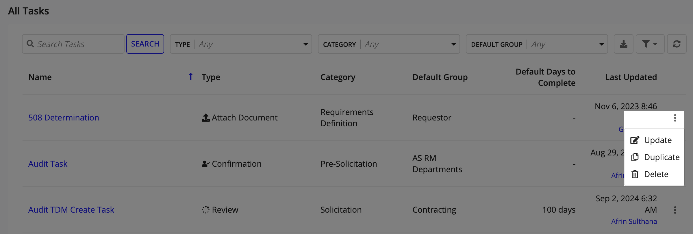 Tasks list showing opened ellipsis menu with Update, Duplicate, and Delete options.