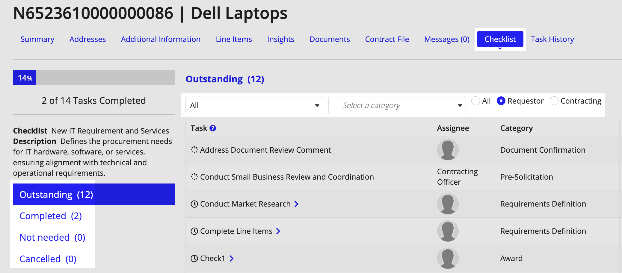 Checklist tab showing requirement tasks, completion status, and filtering options.