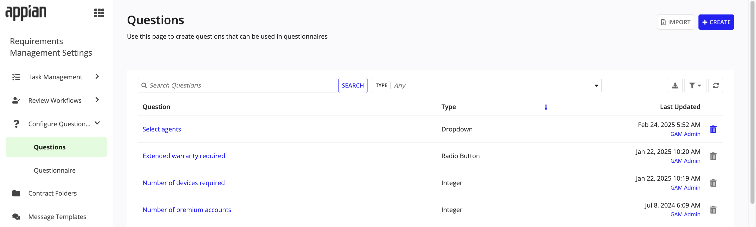 Questions page displaying existing questions, search, and type filters.