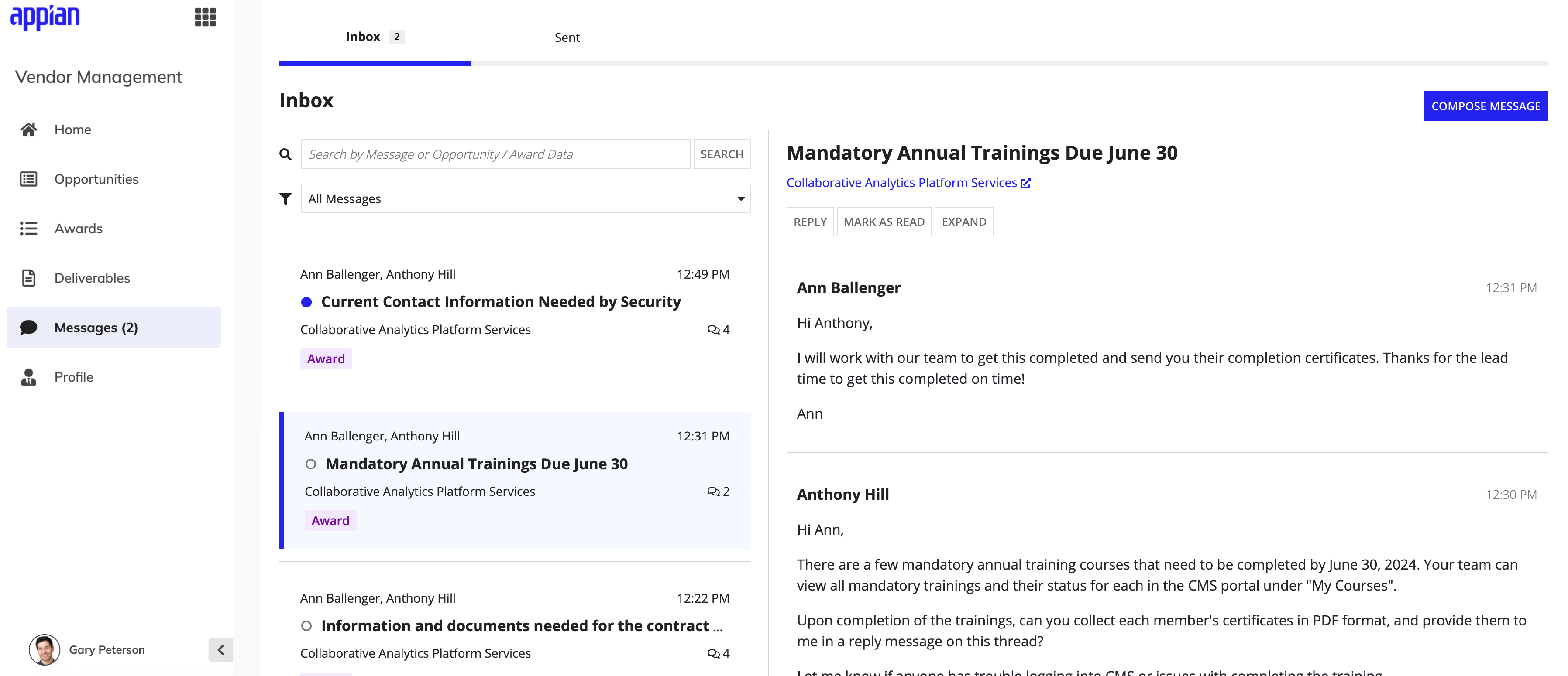 Vendor's messages in Vendor Management