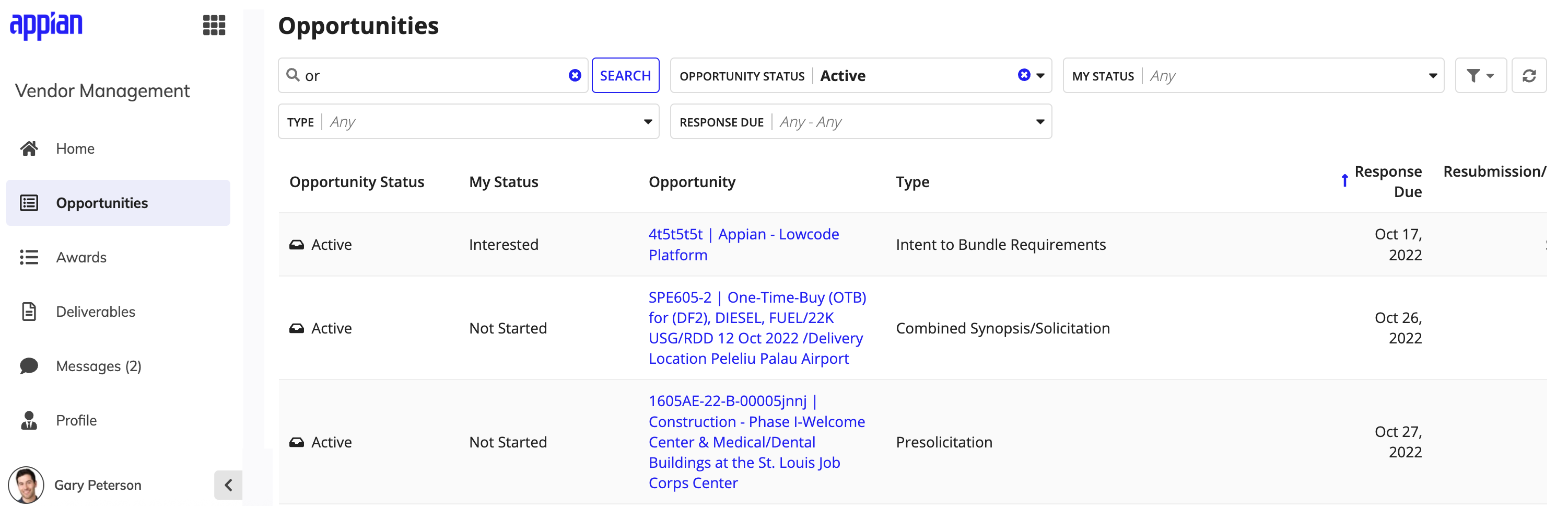 Vendor's opportunities list