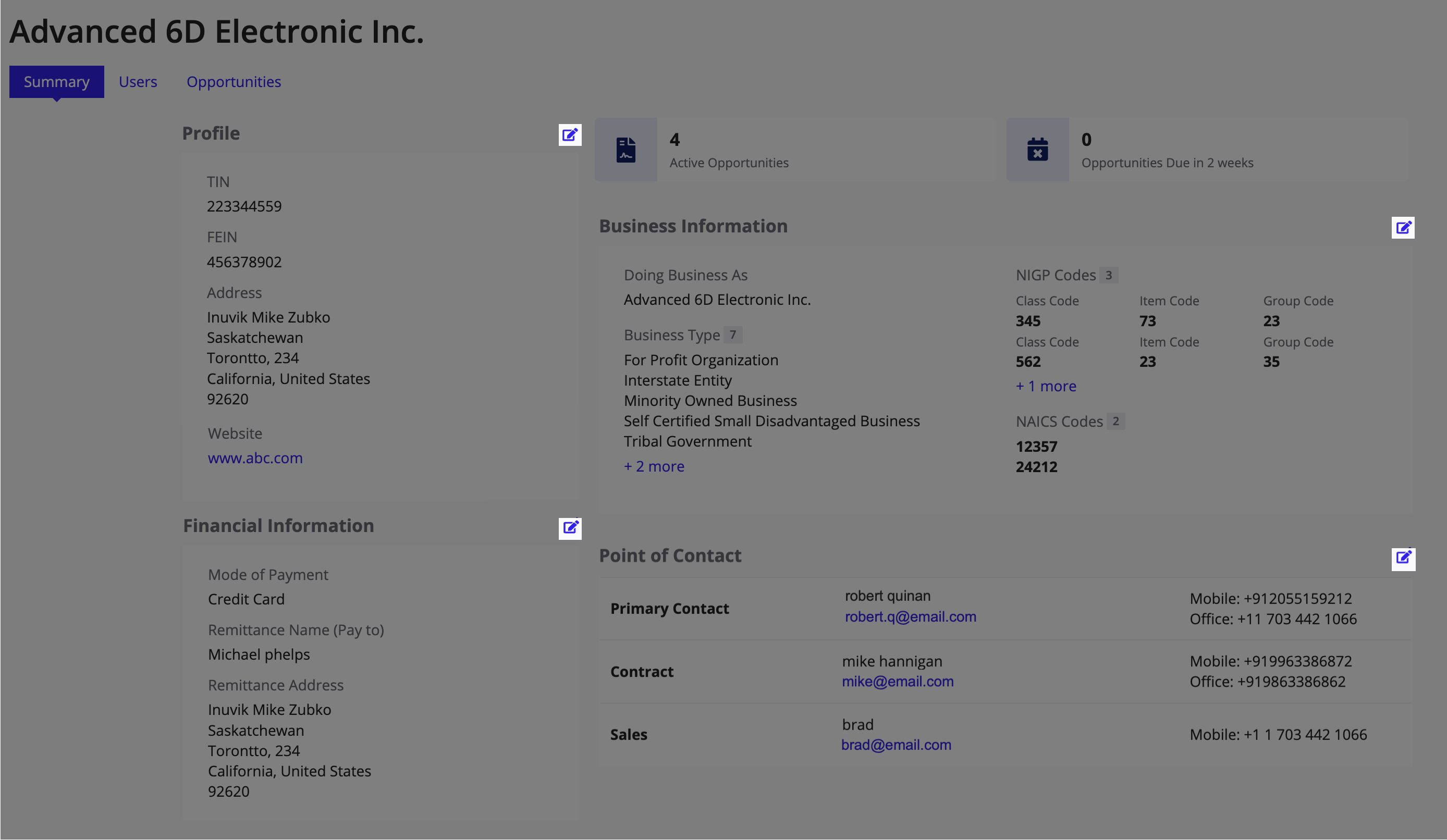 Edit option in vendor profile summary view