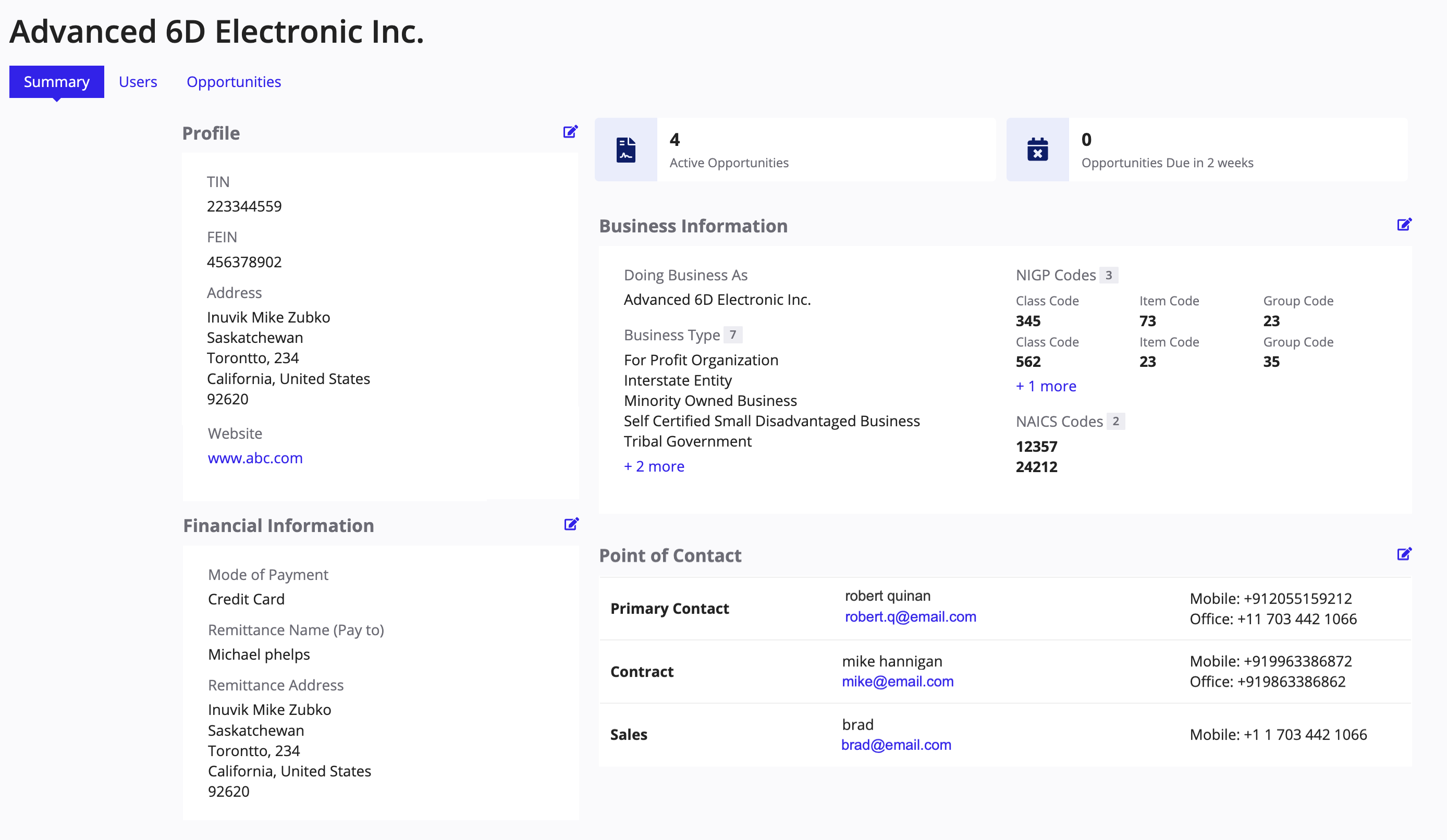 Vendor profile summary view