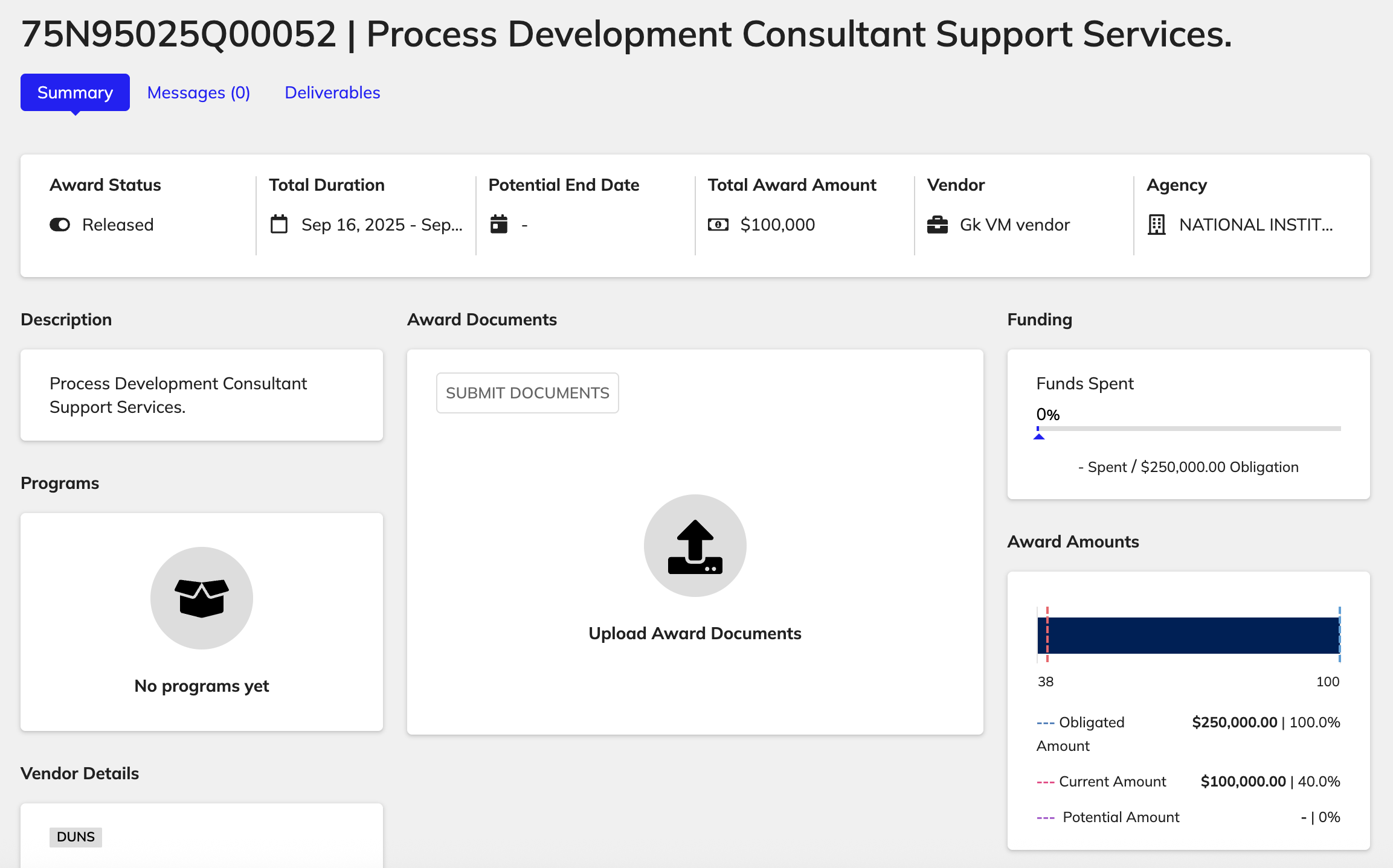 Vendors' view of an award summary