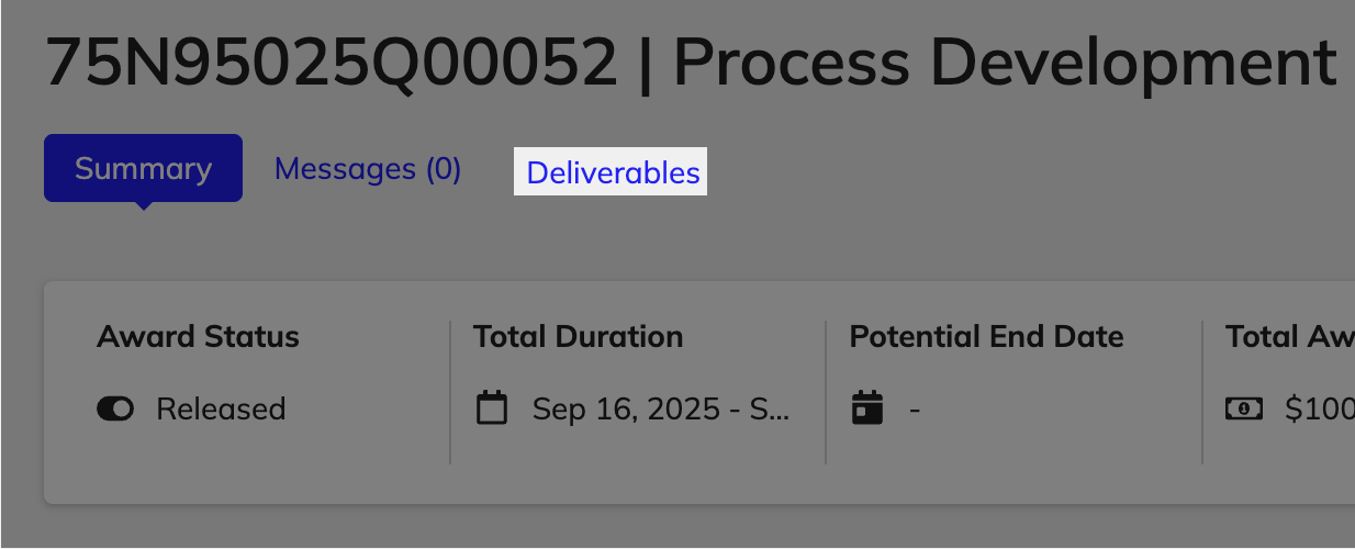 Deliverables tab in award summary view