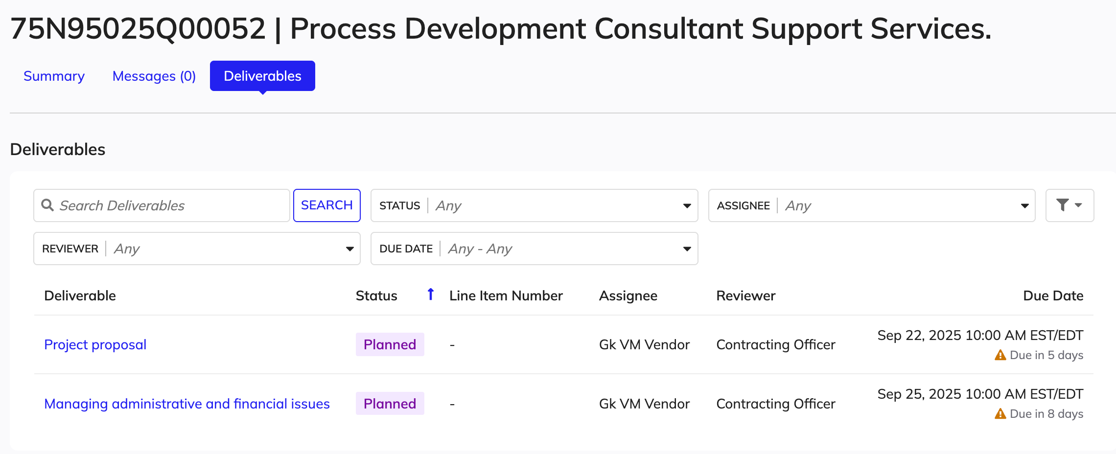 List of deliverables in the deliverables screen