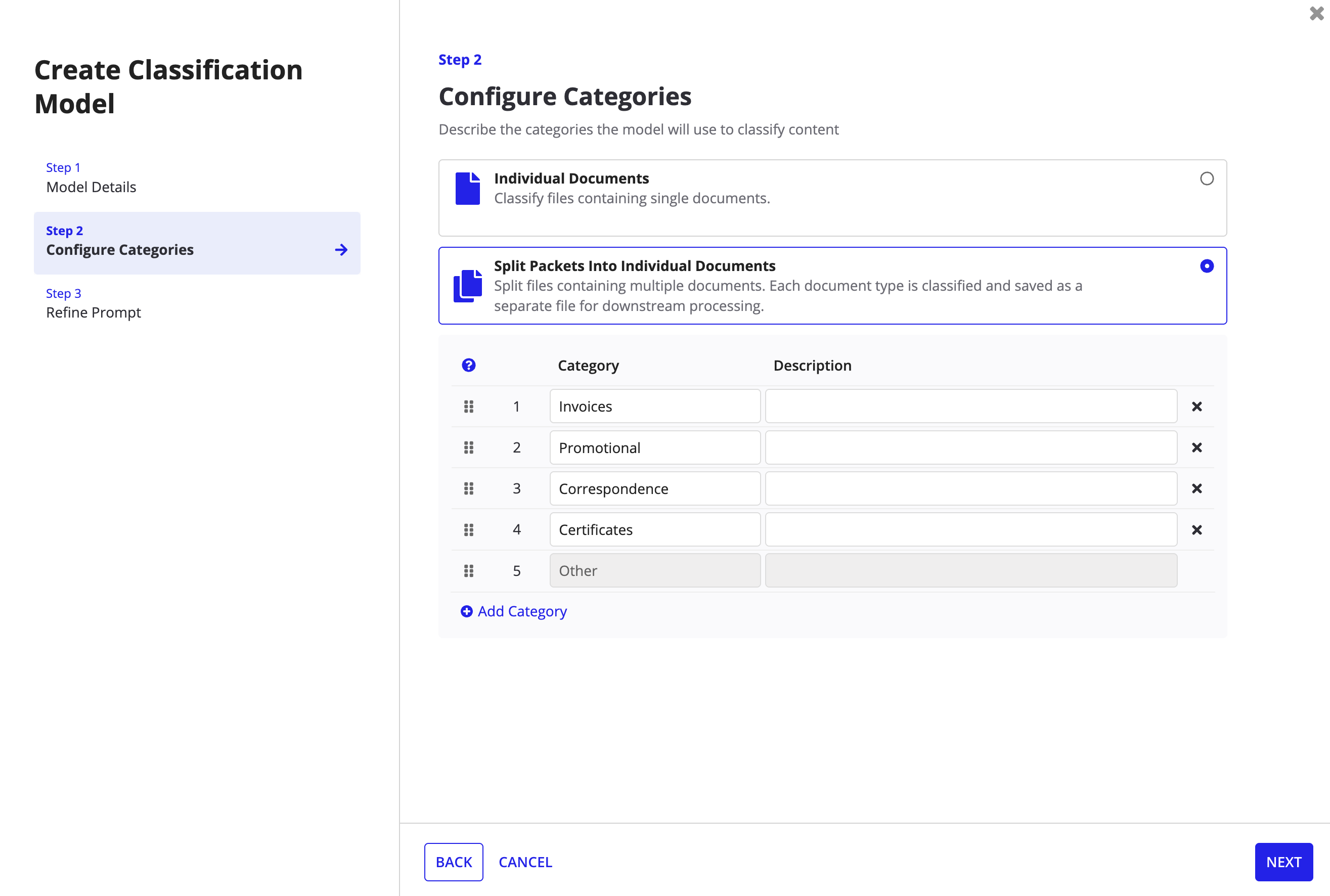 configure categories when creating a classification model