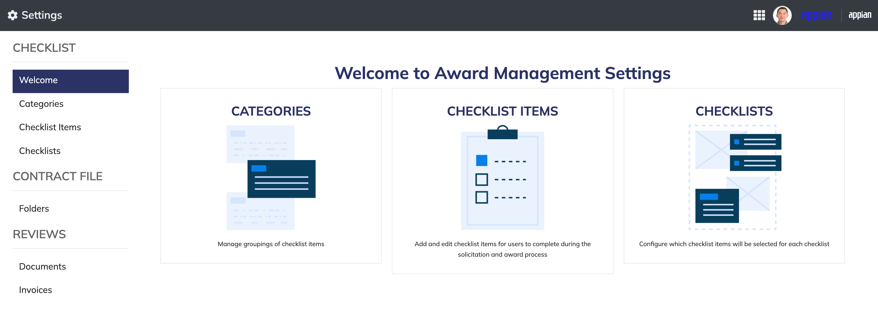 Award Management Settings page with cards for Categories, Checklist Items, and Checklists.