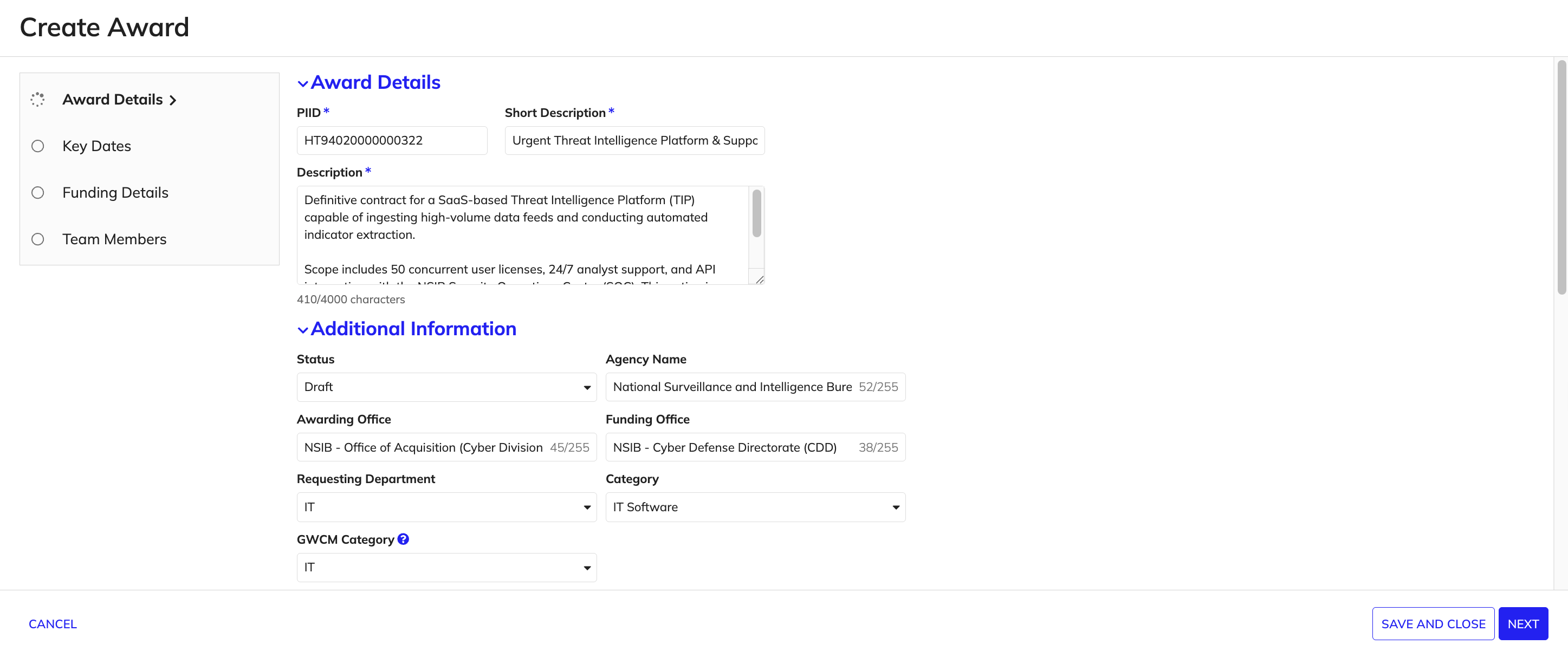 Create Award guided experience for entering award details.