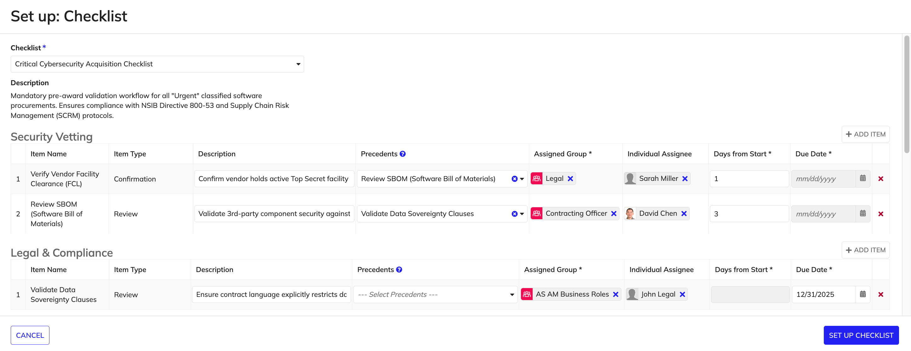 Checklist setup with tasks assigned to groups.