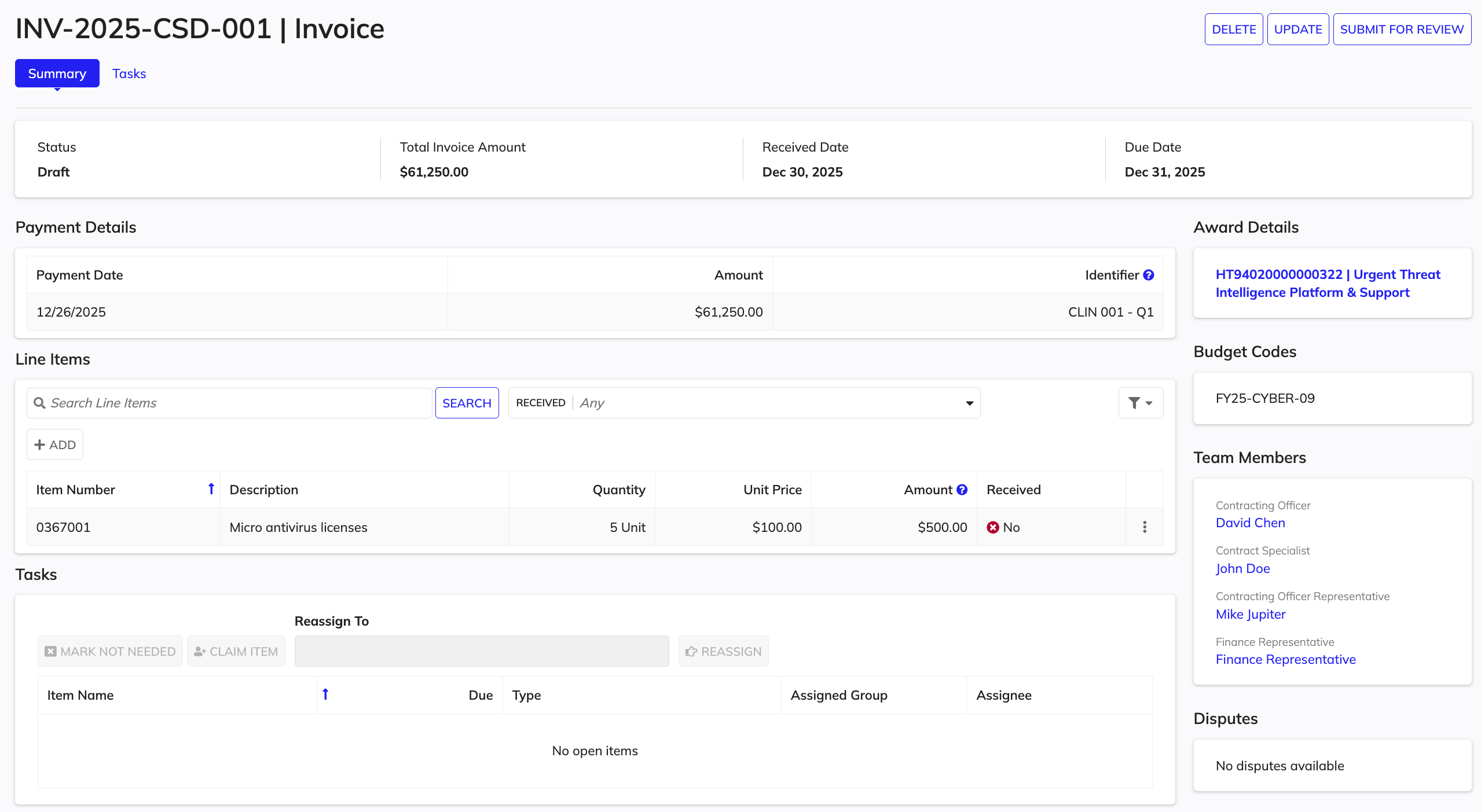 Invoice creation with line items.