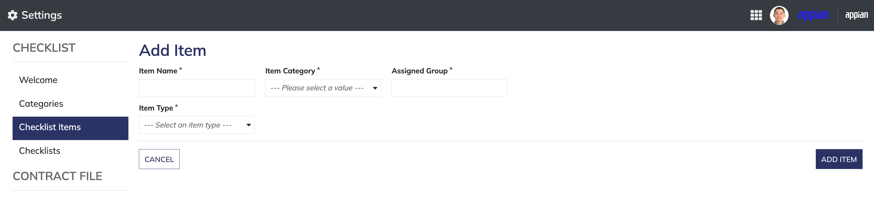 Form to add individual checklist item with required fields.