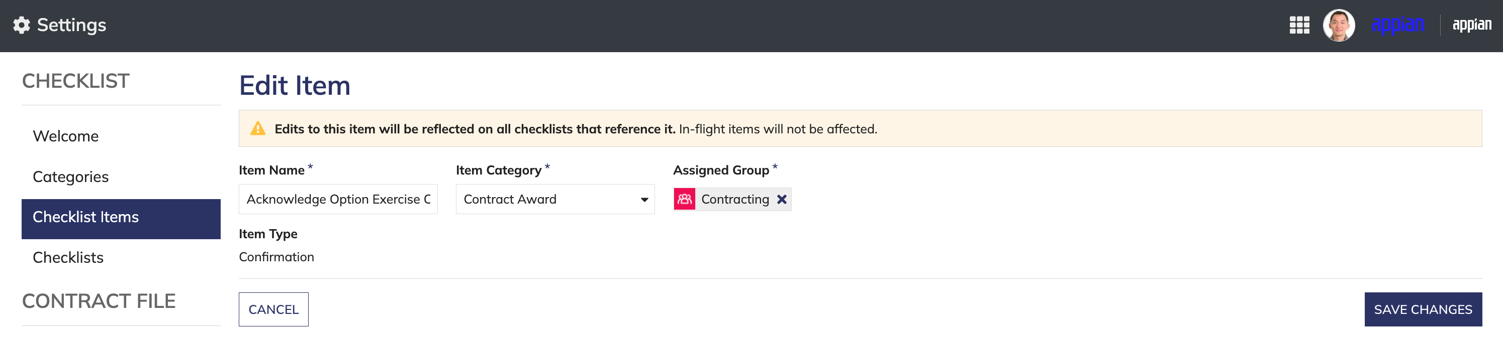 Form to edit checklist item fields and save changes.