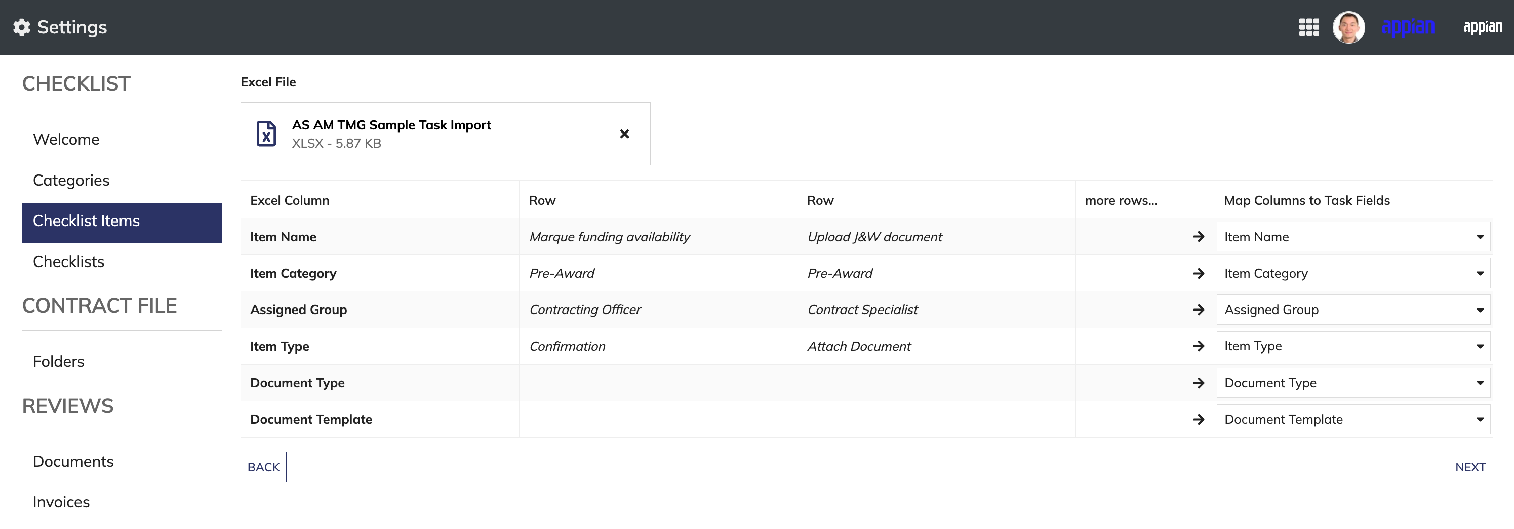Column mapping interface for Excel import.