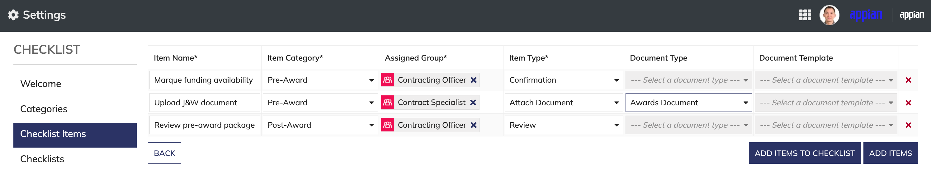 Options to add imported items to library or checklists.