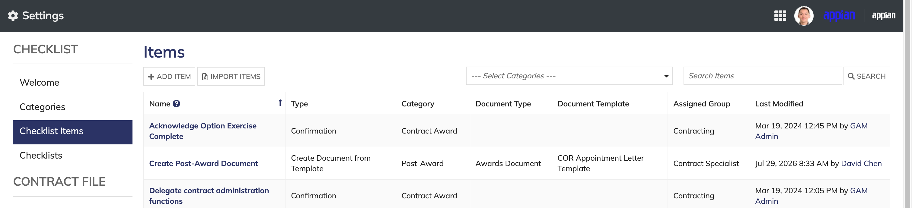 Search field and category filter for checklist items.