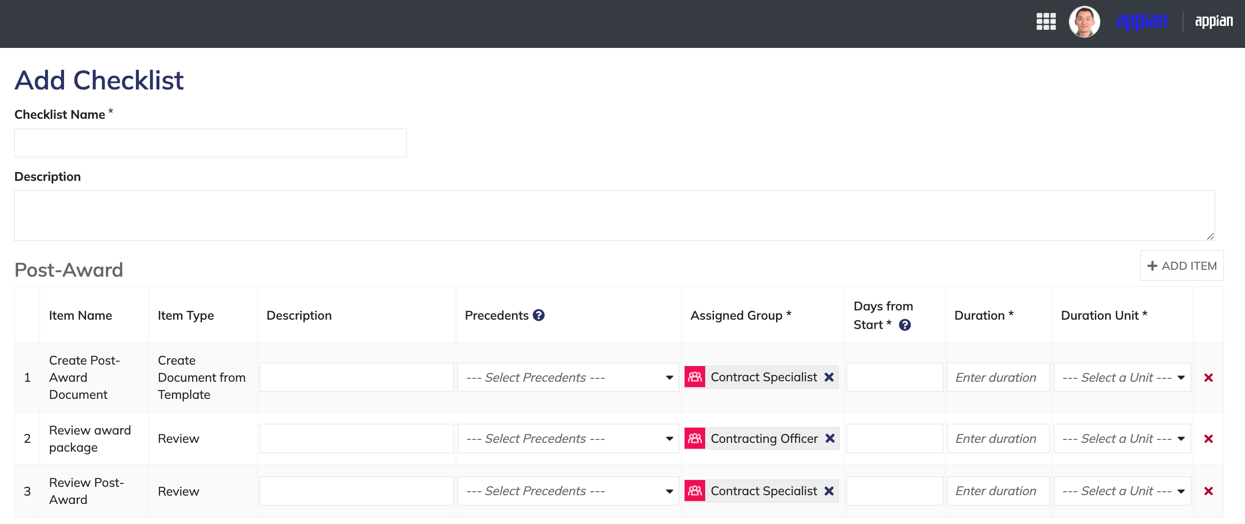 Checklist items with precedents, duration, and groups.