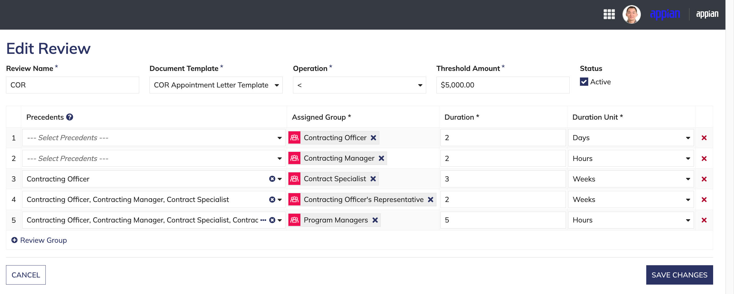 Modify review groups with precedents and duration settings.