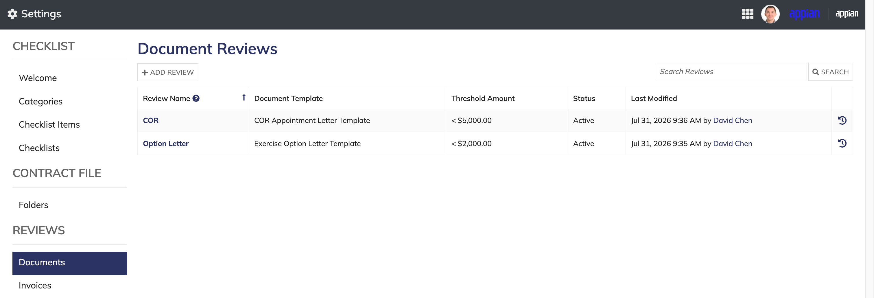 Grid list of document reviews with search and history options.