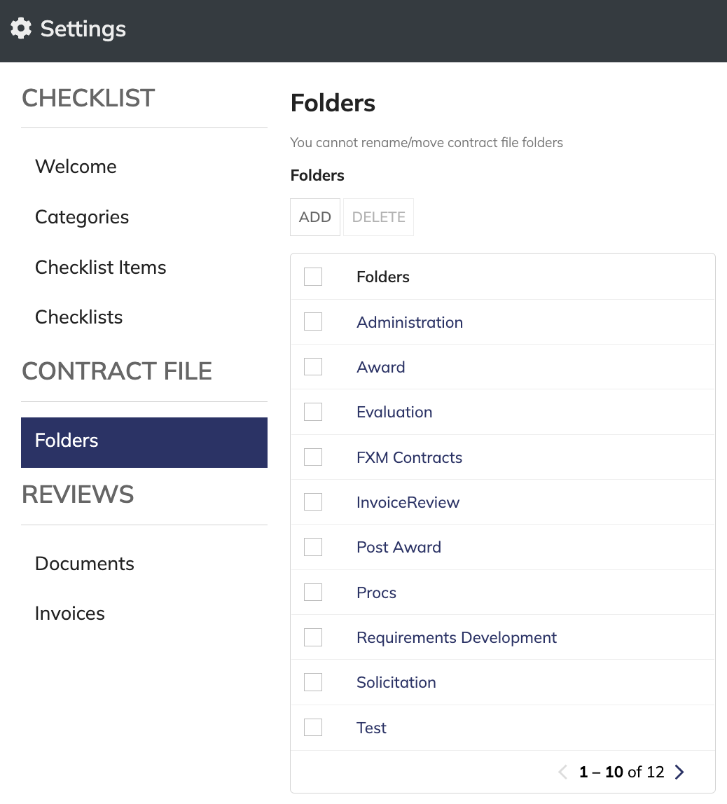 Folders menu in Award Management Settings site.