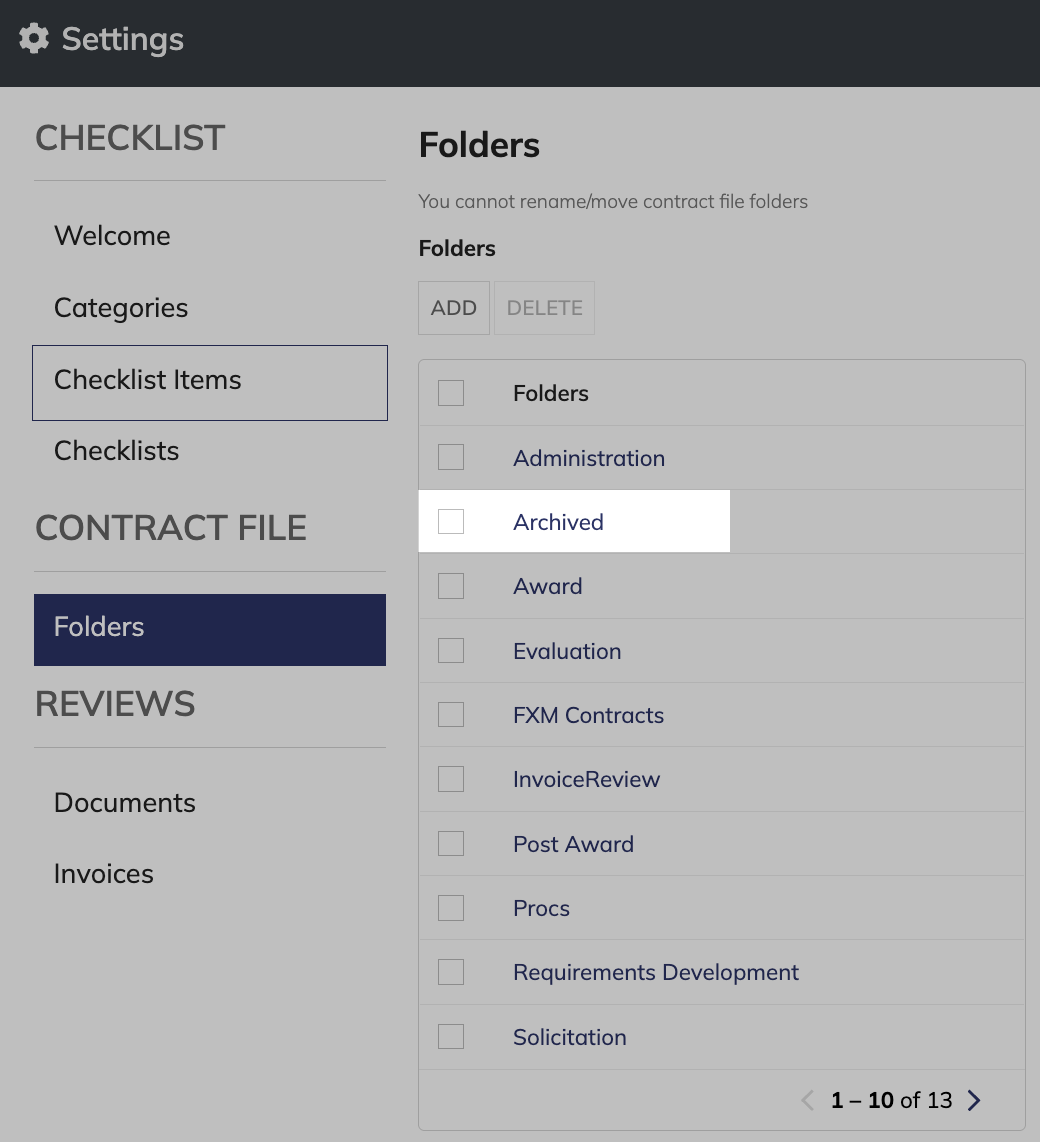Folders list displaying newly created contract file folder.