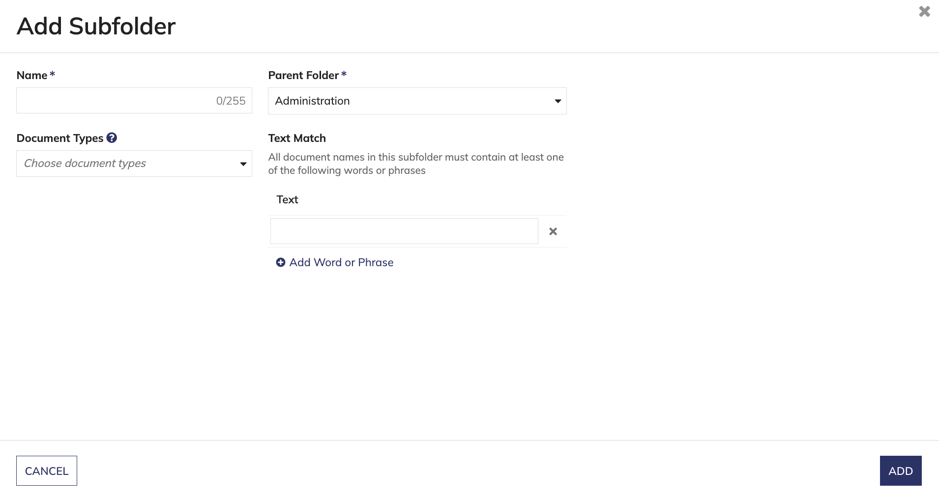 Add Subfolder dialog showing Name, Parent Folder, Document Types, and Text fields.