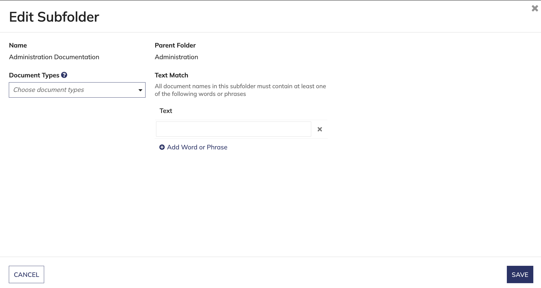 Edit Subfolder dialog with option to update Document Types and Text.