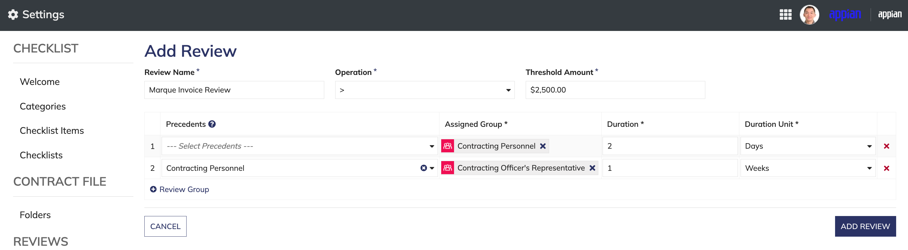 Add Review form with Review Name, Operation, Threshold Amount, and review group configuration.