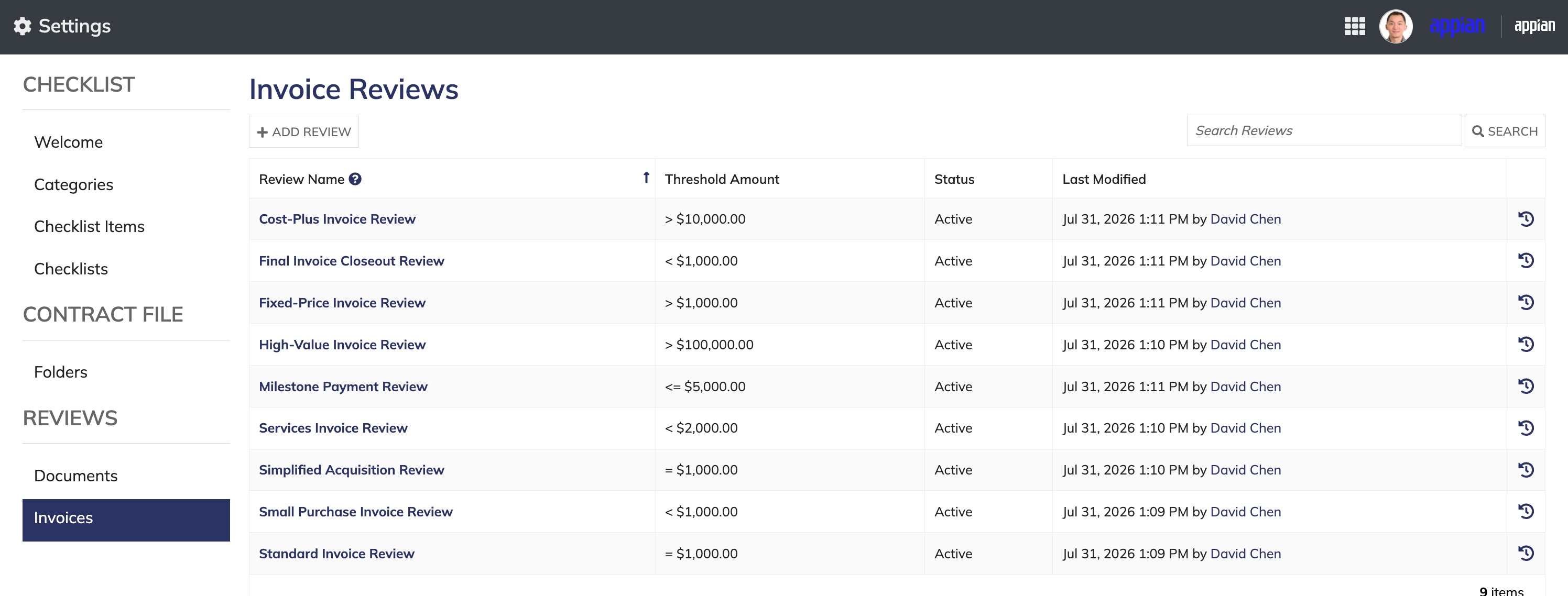 Invoice Reviews grid with search, threshold amount, status, and history options.
