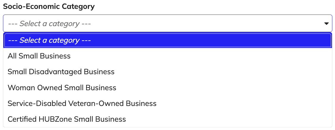 Dropdown list showing Award Socio-Economic Category options.
