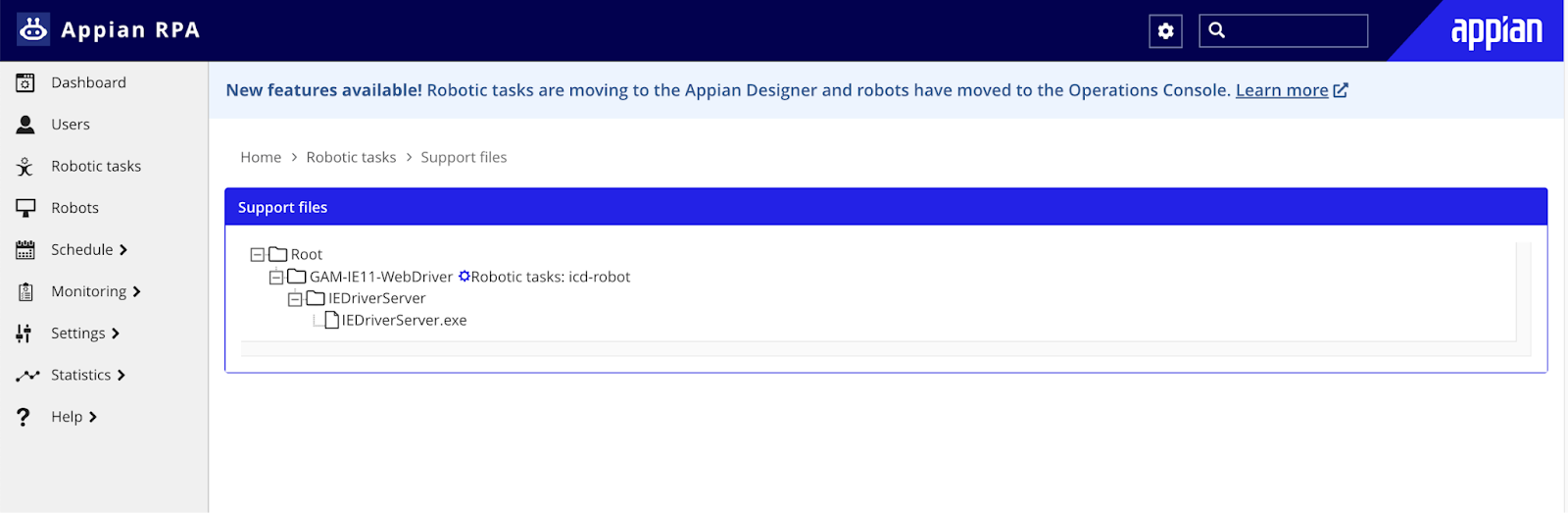 Root directory showing GAM-IE11-WebDriver with robotic tasks.