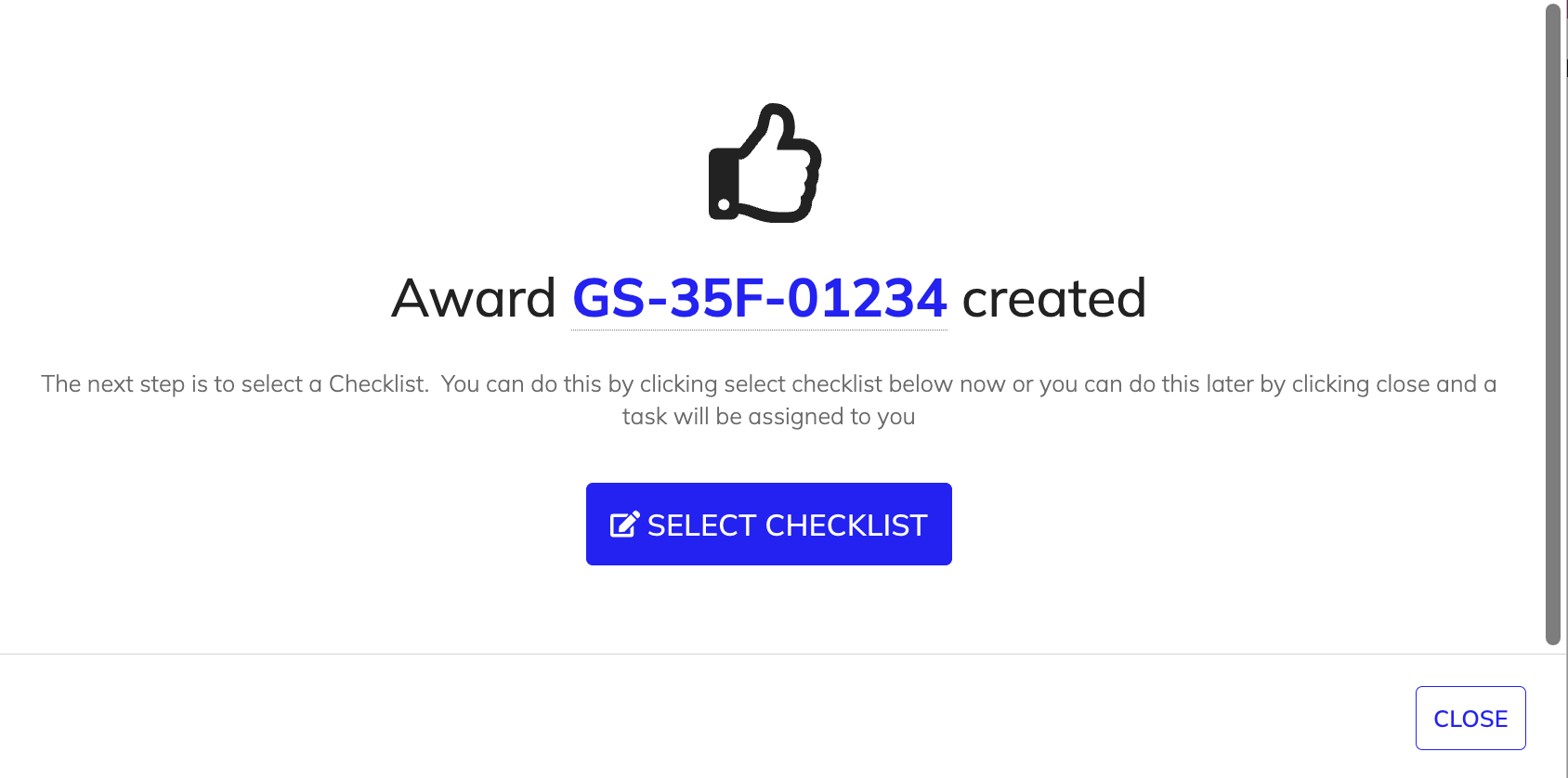 Award Confirmation dialog with link to summary view.