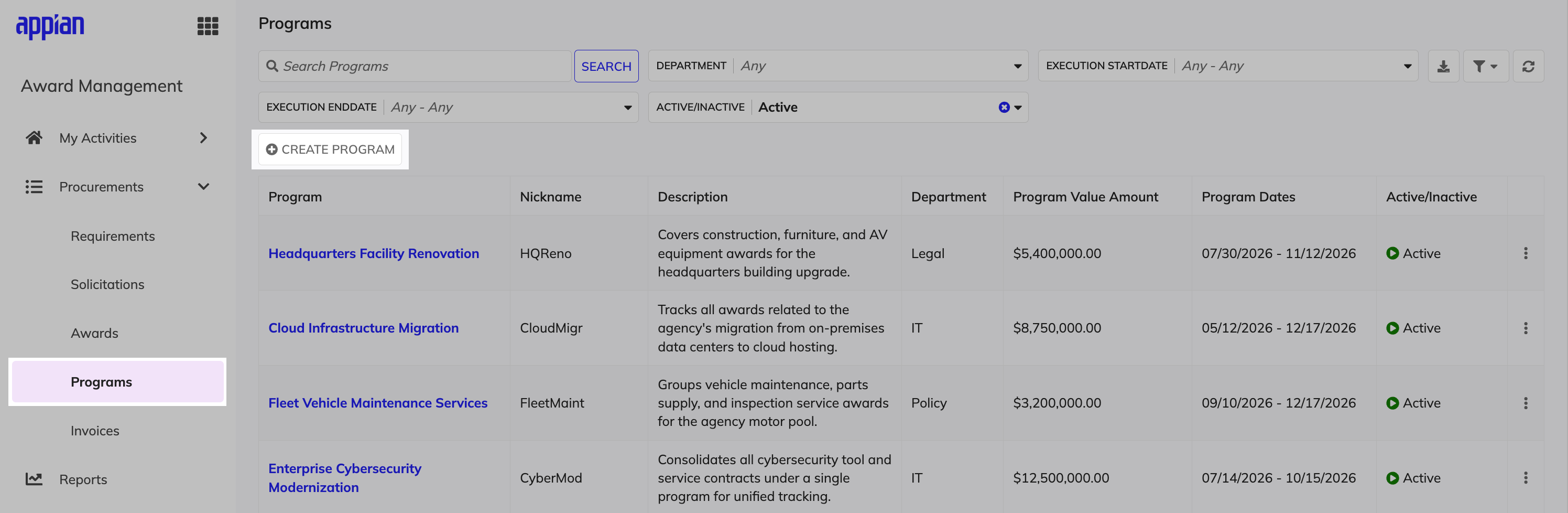 Create Program button for grouping related awards.