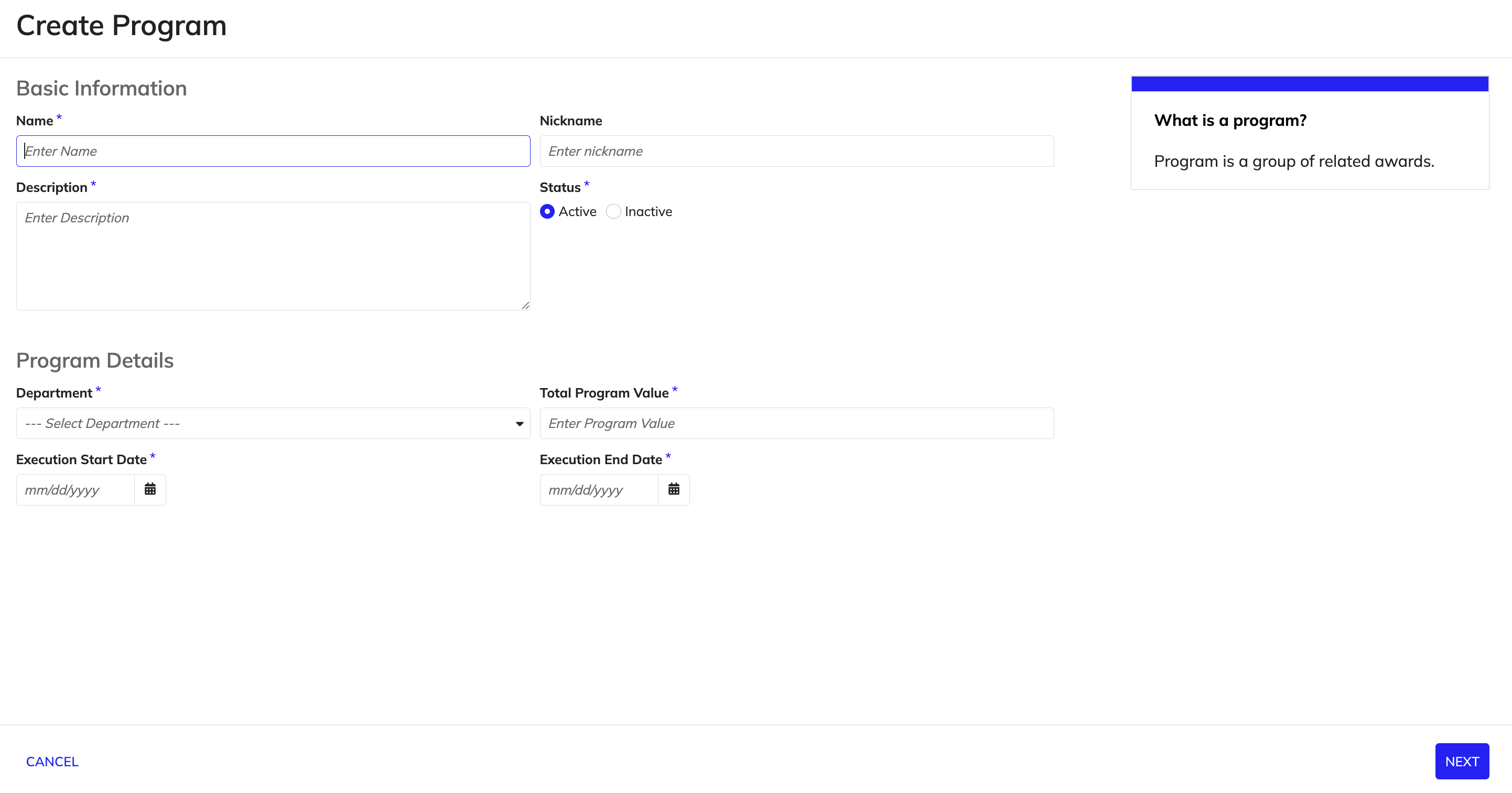 Program creation guided experience for entering details and selecting awards.