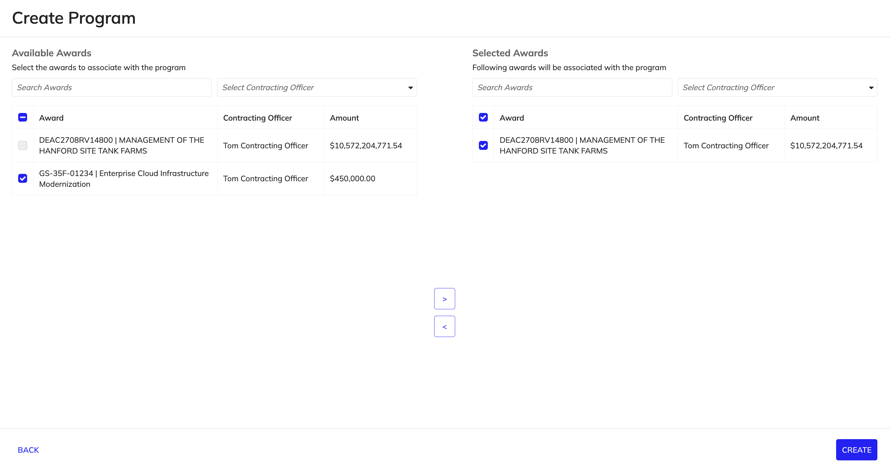 Program creation guided experience for entering details and selecting awards.