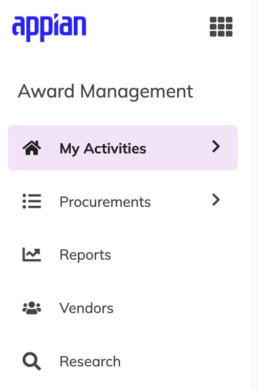 Navigation menu with five main pages for award management.