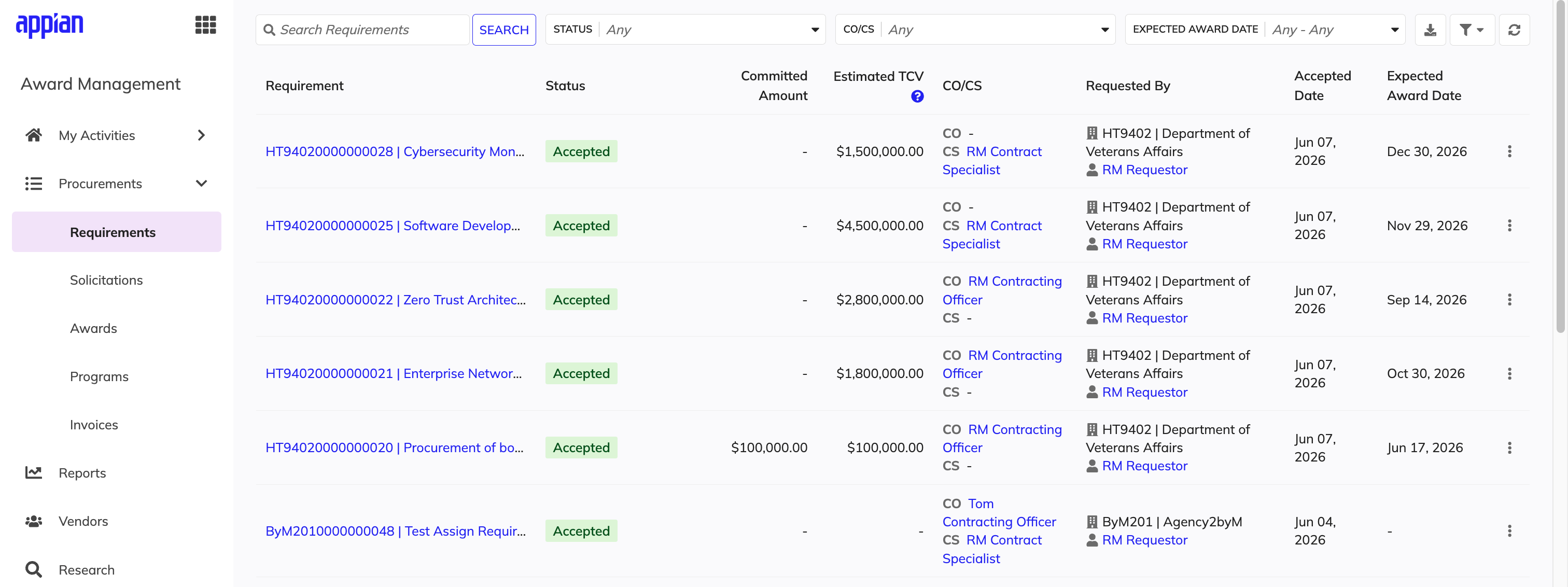 Requirements page showing procurement records and management actions.