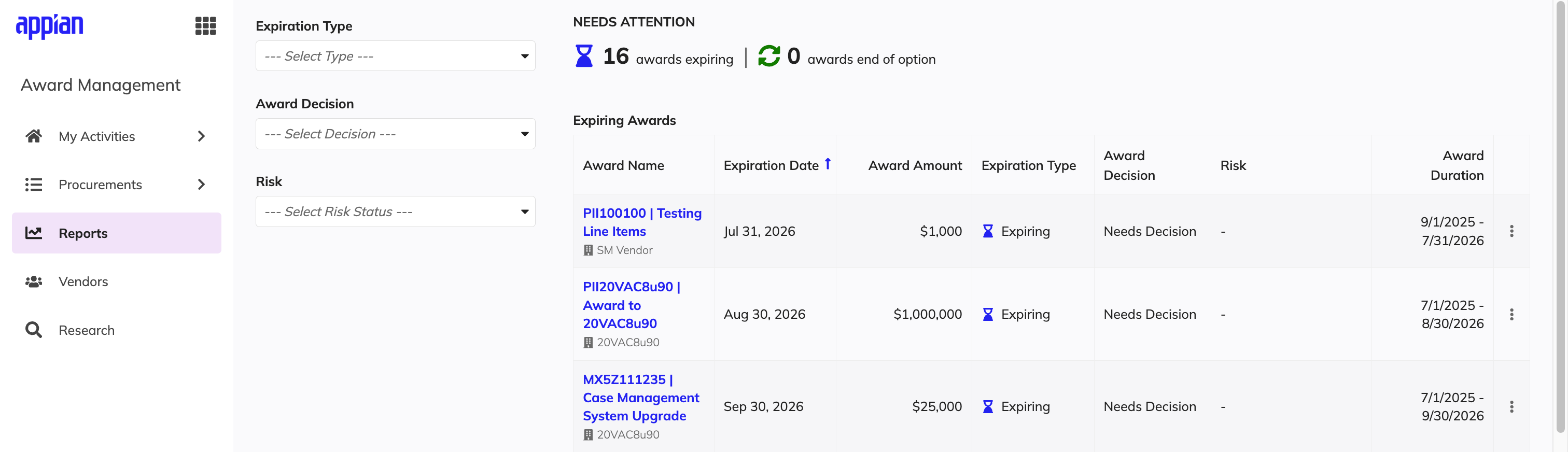 Reports page listing expiring awards with key information.