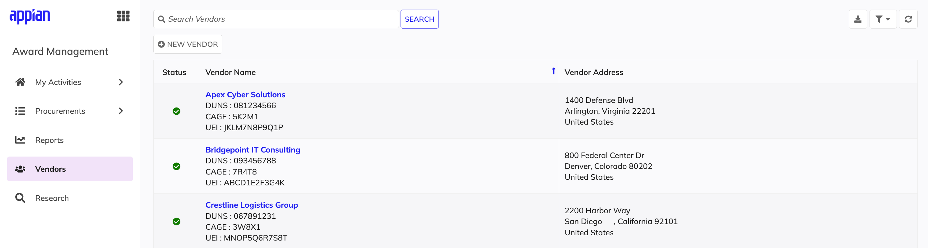 Vendors page with complete list of vendor records.