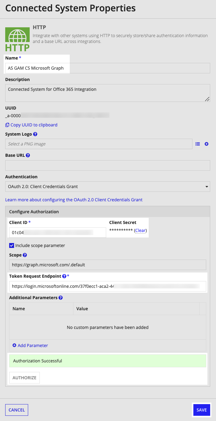 Microsoft Graph connected system configured with Client ID, Token Request Endpoint, and authorization success.