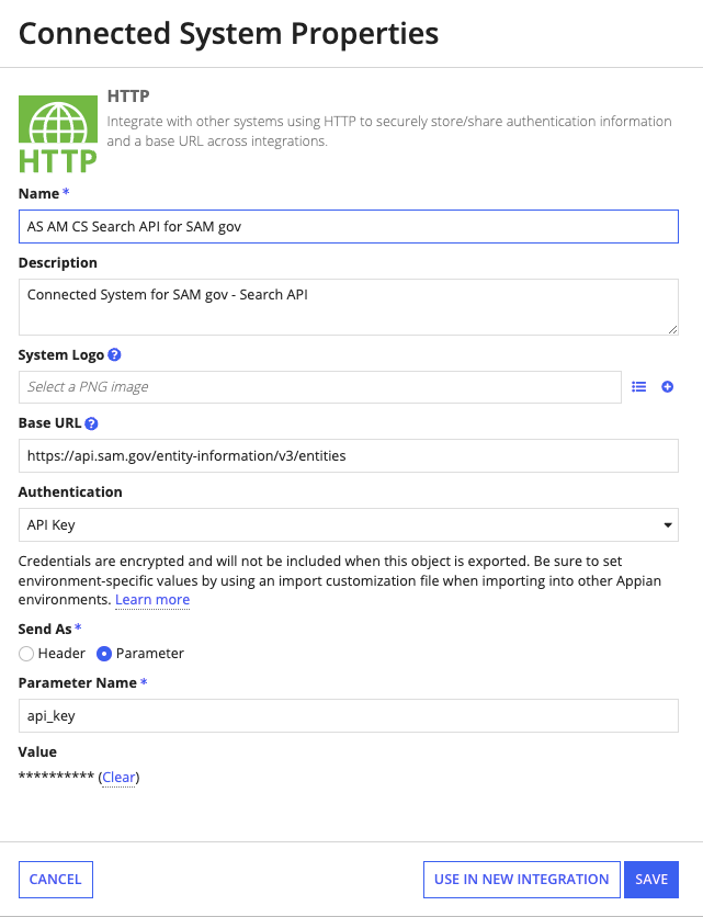 AS AM CS Search API for SAM.gov connected system with API key Value field.