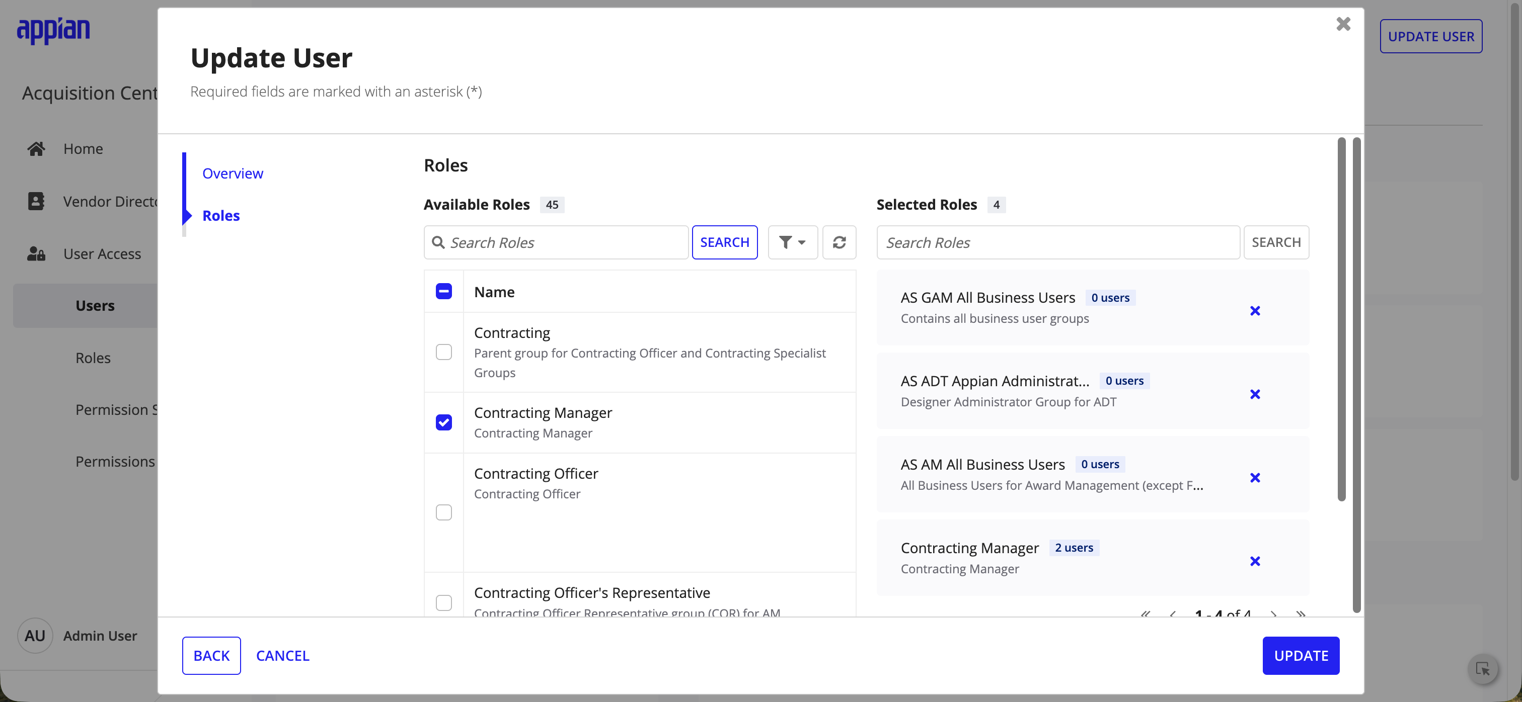Update User dialog showing the Roles tab with Available Roles on the left and Selected Roles on the right.