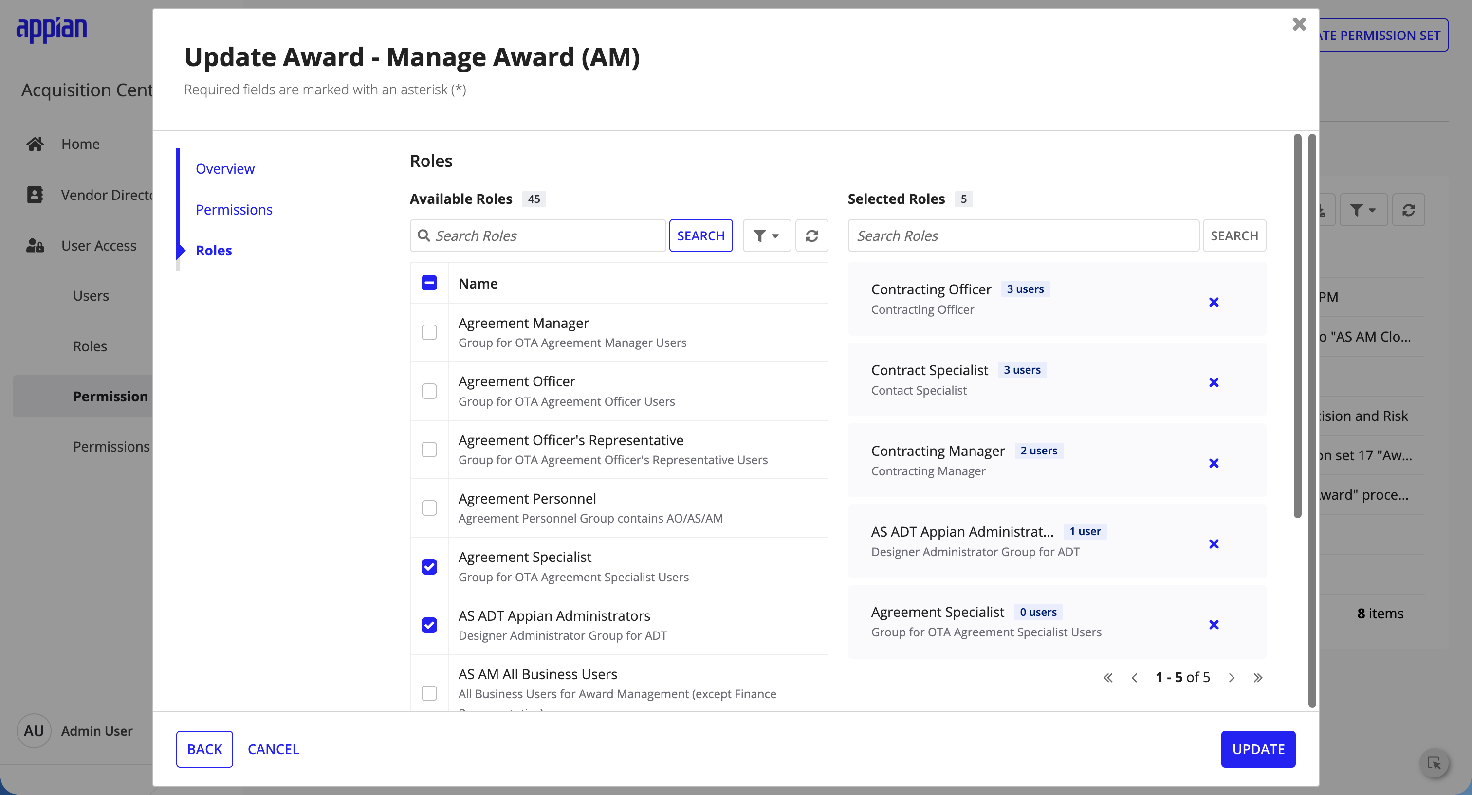 Update Award permission set dialog showing the Roles tab with Available Roles on the left and Selected Roles on the right.
