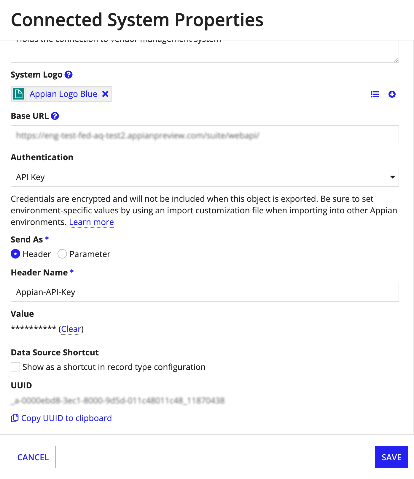 Connected system configuration with API key and base URL.