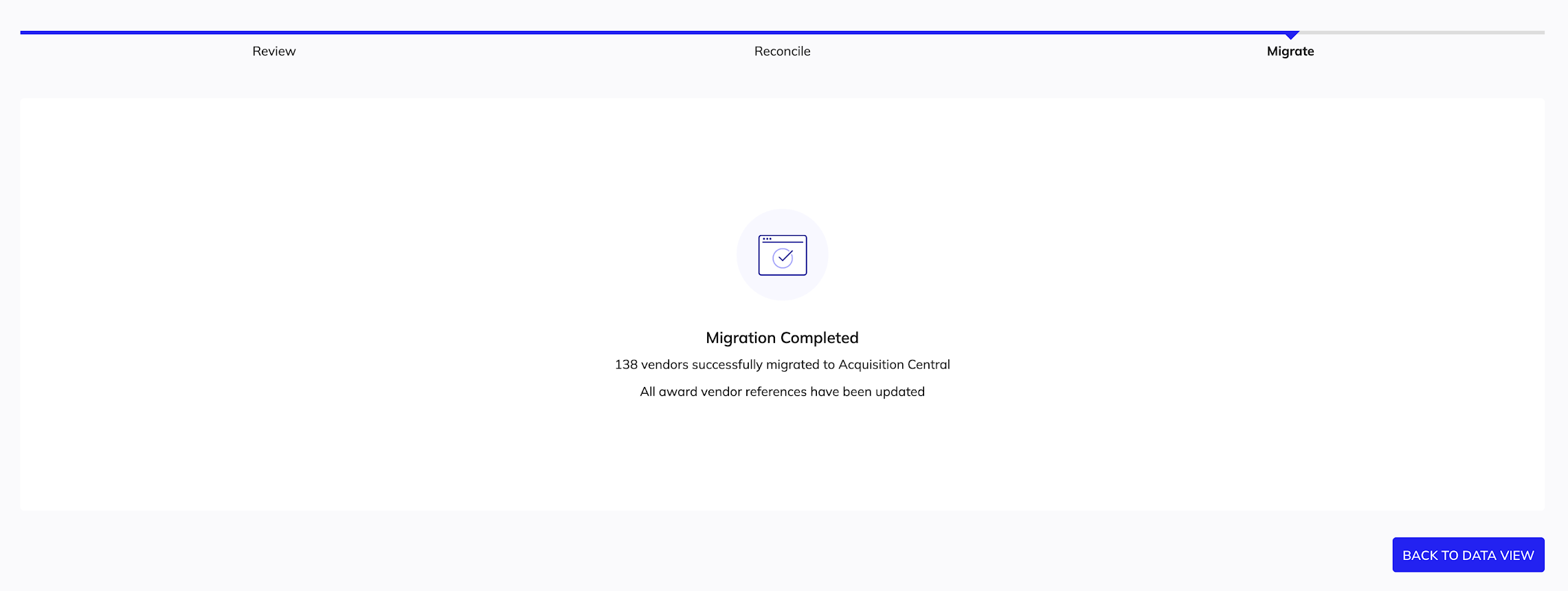 Migrate step showing the Migration Completed confirmation with the count of migrated vendors.
