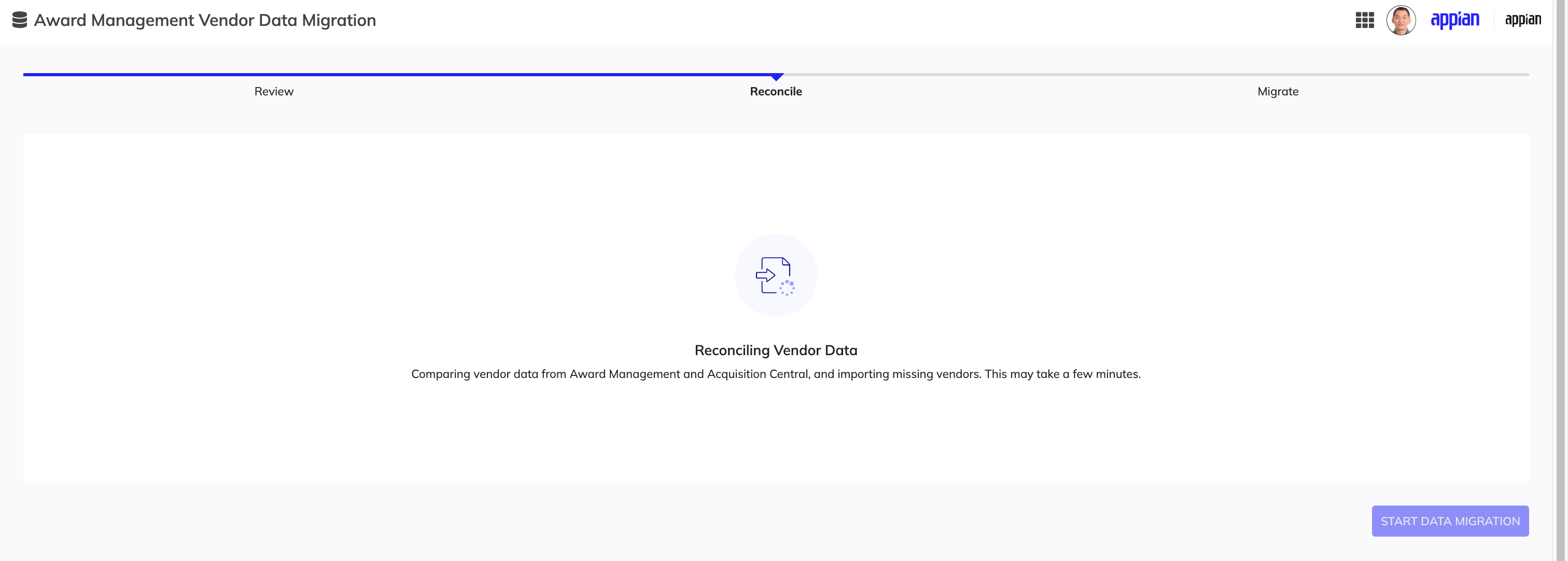 Reconcile step showing the Reconciling Vendor Data status message.