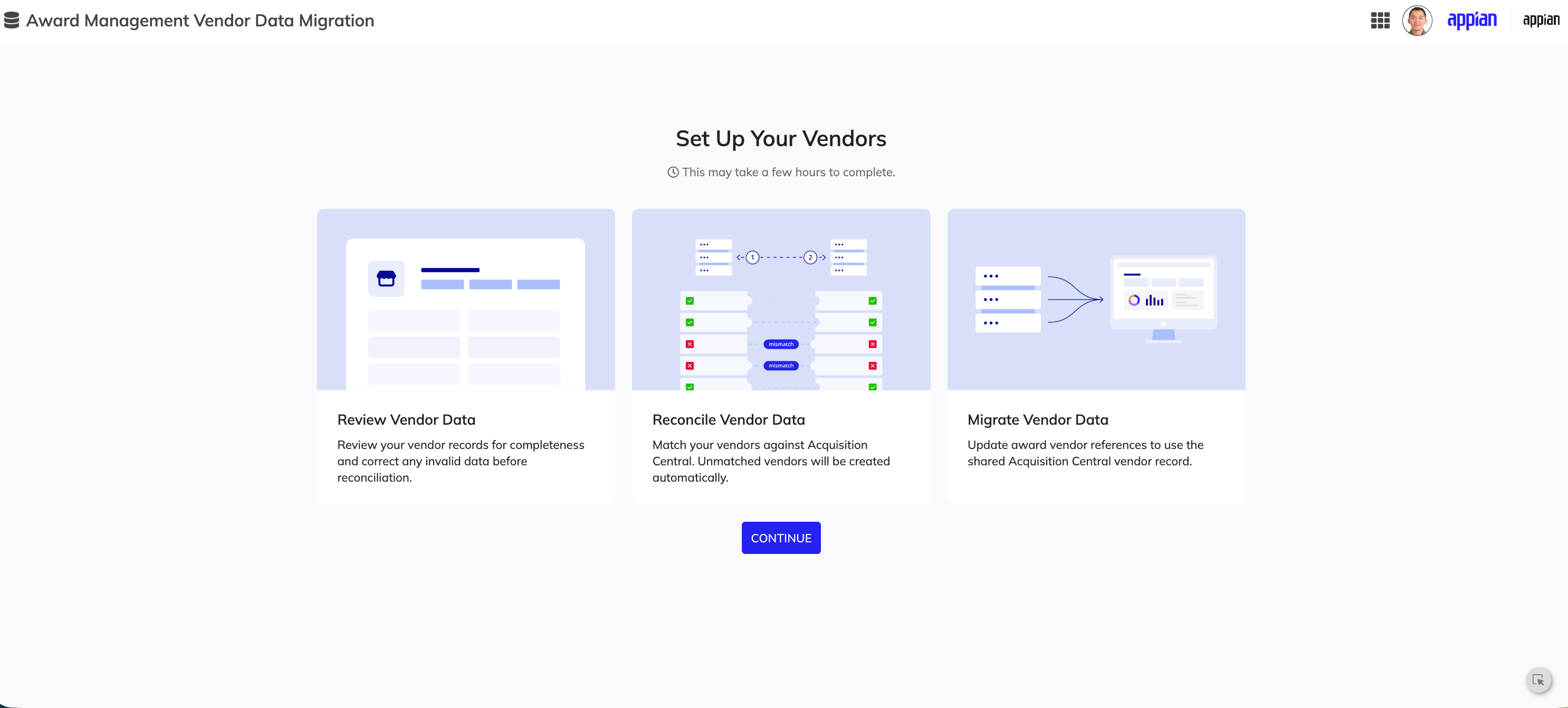 Set Up Your Vendors dashboard with three cards for Review Vendor Data, Reconcile Vendor Data, and Migrate Vendor Data.