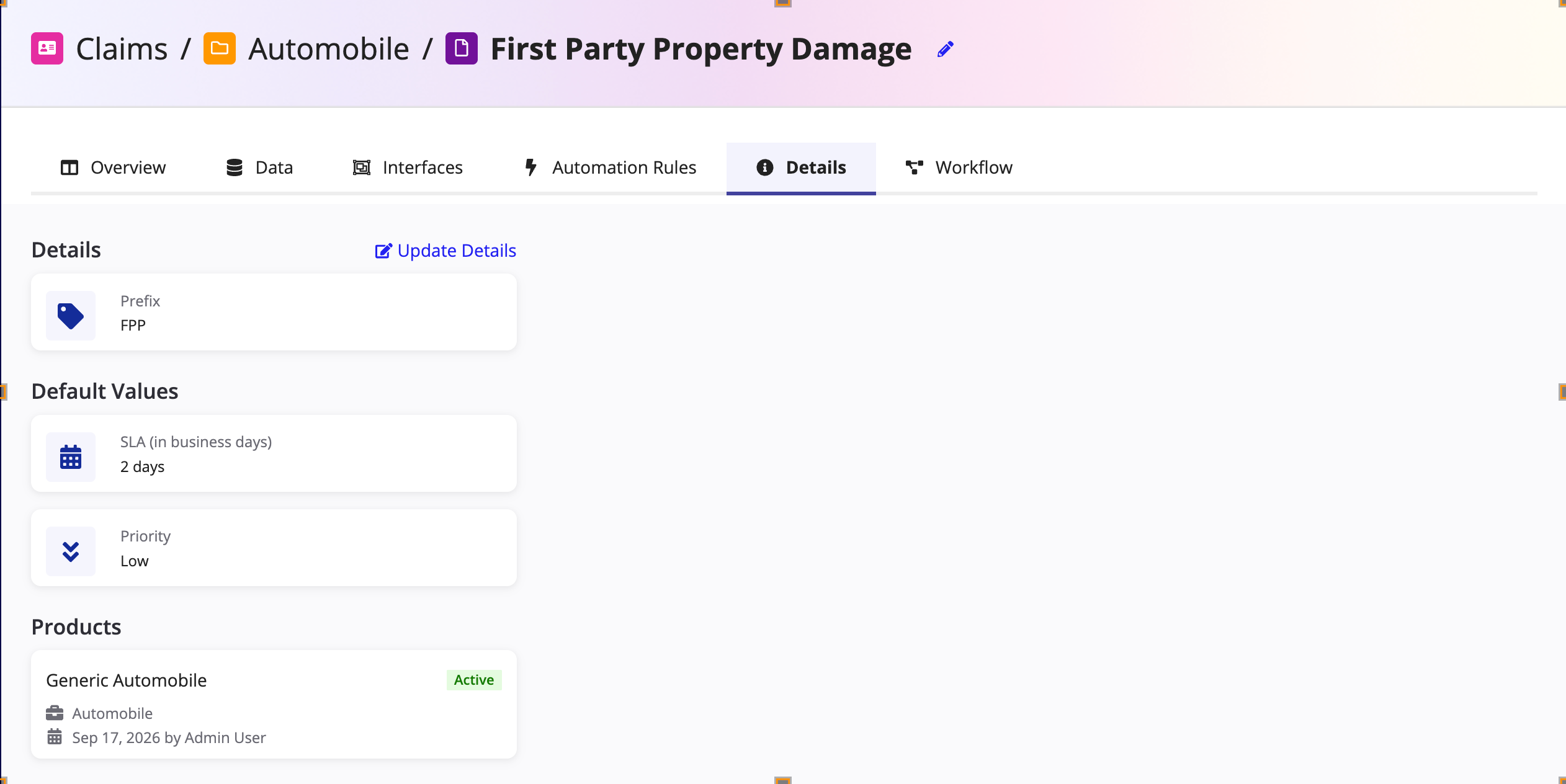 The Details tab for a claim type, showing the Details, Default Values, and Products sections