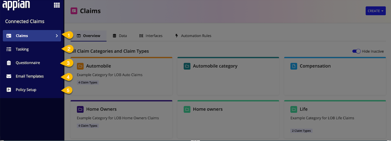 The Control Panel navigation pane showing the Claims, Tasking, Questionnaire, Email Templates, and Policy Setup sections